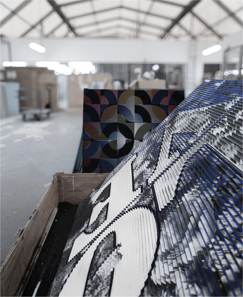 Work made of folded strips in the studio